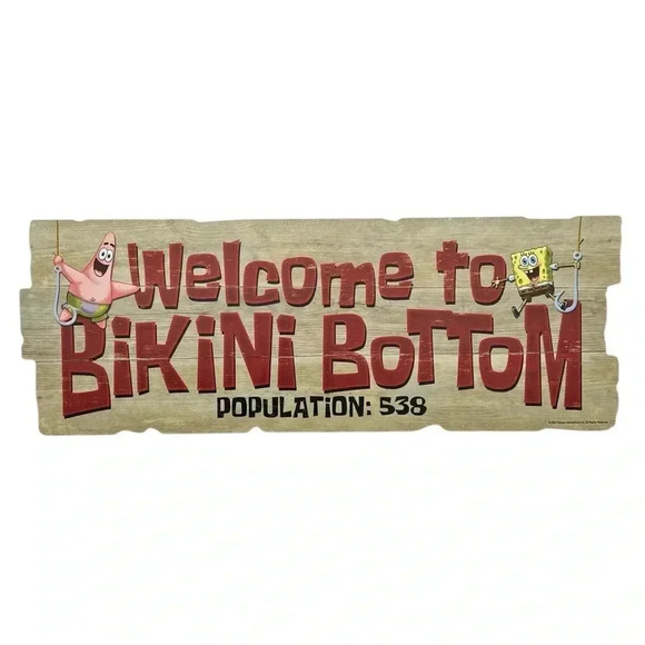Welcome To Bikini Bottom Wood Sign Open Roads SpongeBob SquarePants Wall Mount - Picture 1 of 7